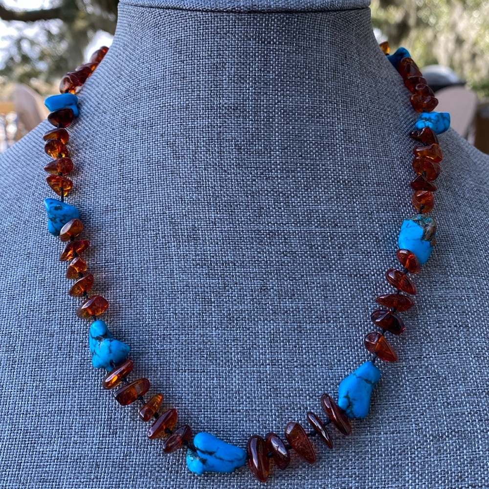 Turquoise Howlite and Amber Necklace
